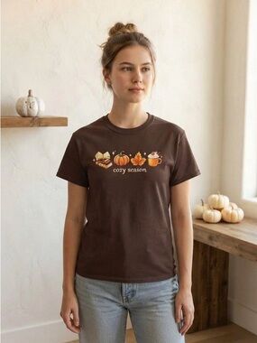 Cozy Season Graphic Tee Brown Pumpkin Books Latte Autumn Fall T-Shirt